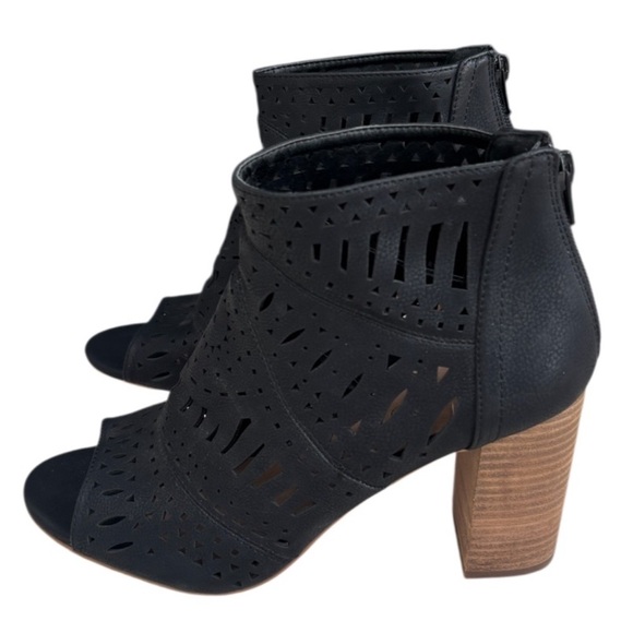 Suede Peep Toe Booties Chunky Block Heel Cut Out Heeled Ankle Booties Black - Picture 7 of 16